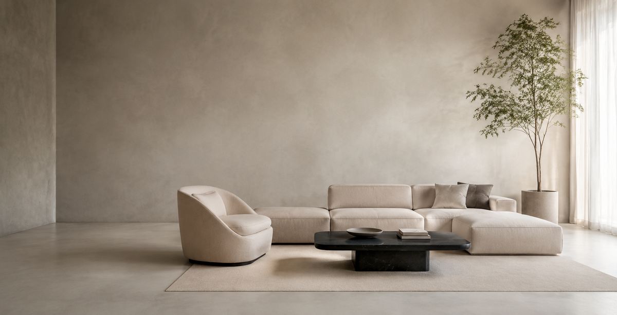 A living room with seamless microcement walls and floor